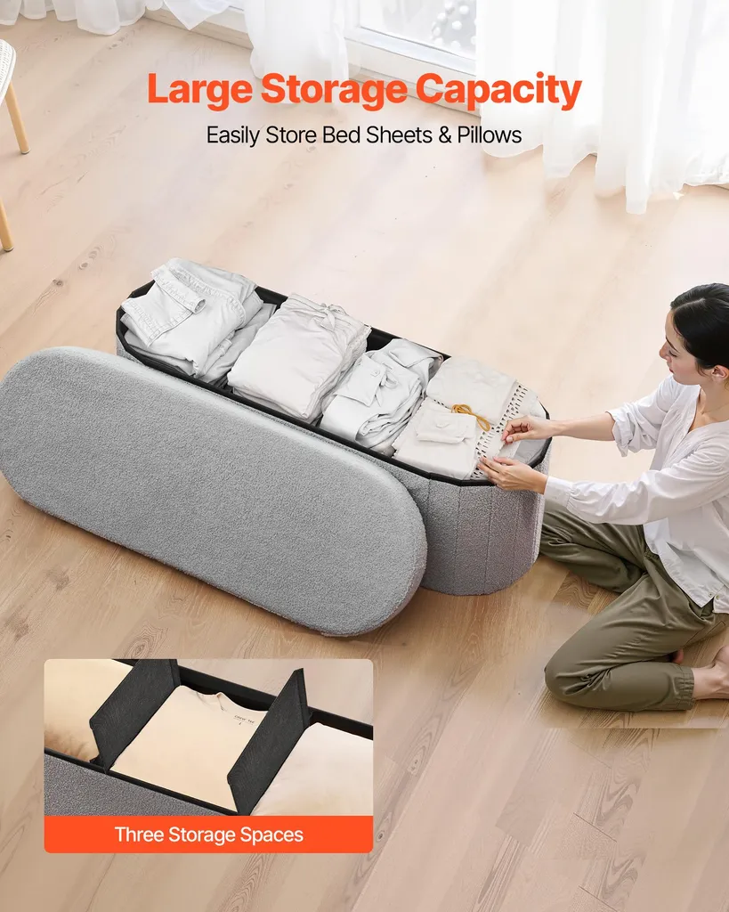 Solution de Rangement Compacte : Ottomane Pliable Ovale Grise Robuste - 2