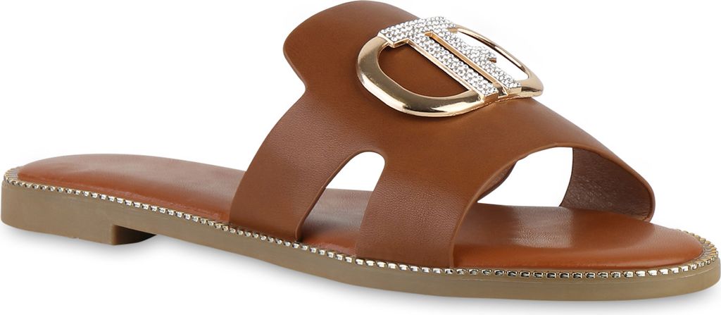 VAN HILL Damen Pantoletten Sandalen Strass Nieten Cut-Outs Schuhe 841508, Farbe: Hellbraun, Größe: 40