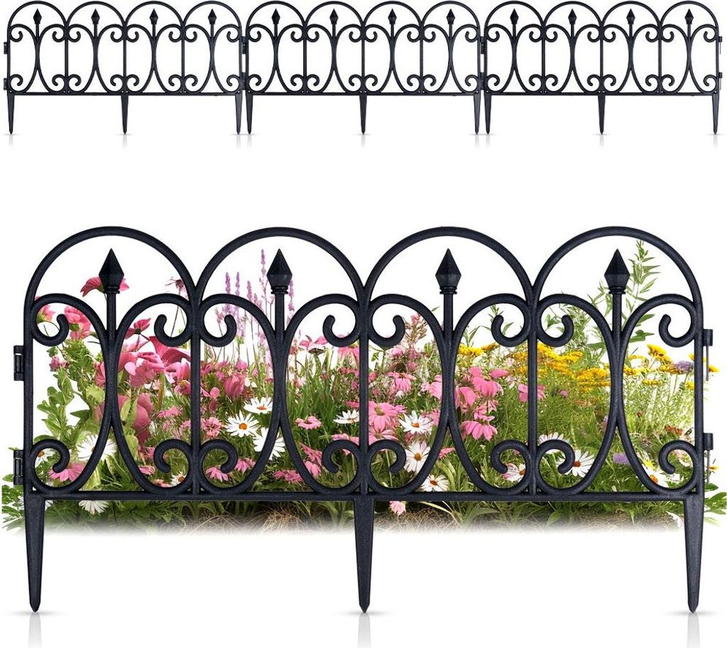 A black metal garden fence with decorative scrollwork is shown in two configurations: one above the other. The lower fence is placed in front of a blurred background of pink and yellow flowers.