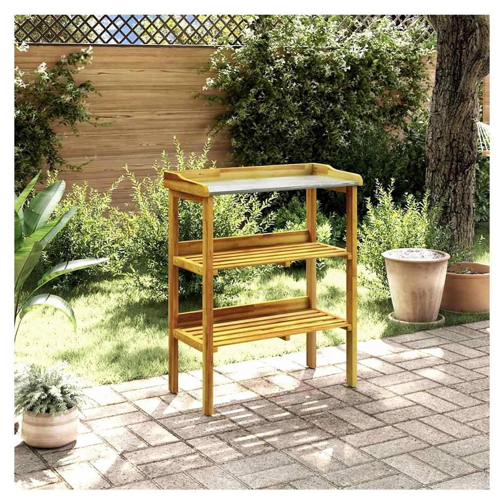 Pflanztisch aus massivem Akazienholz mit Zinkplatte und zwei Ablageböden für Garten, Terrasse und Balkon