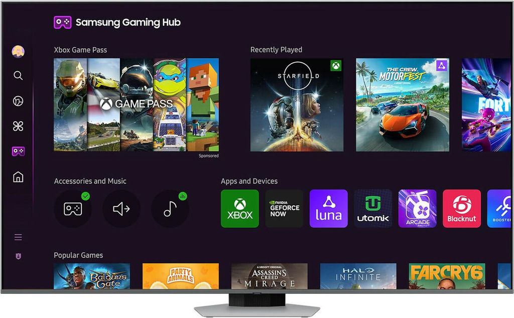 A screenshot of the Samsung Gaming Hub interface on a TV screen, displaying various game apps and recently played games.