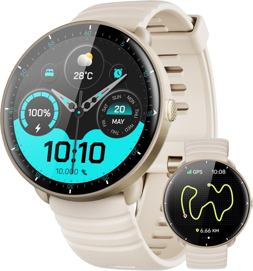 Smartwatch Eingebautes GPS, 5 ATM Wwasserdichte Schwimmuhr für Pool/Offenen Gewässern, Fitnessuhr mit AMOLED Display, 100+ Sportmodi, Herzfrequenz