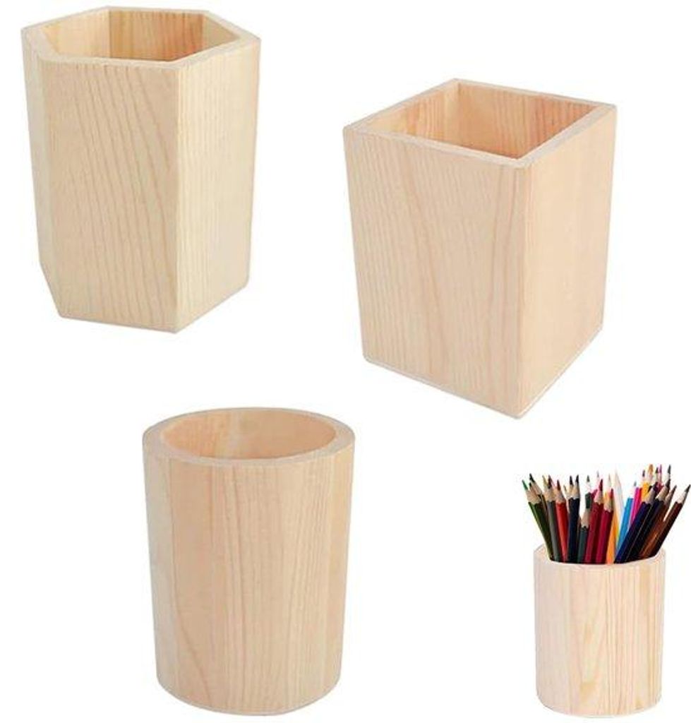 Holzstifthalter - runde und quadratische Form - 3 Stück - naturfarben - Holz