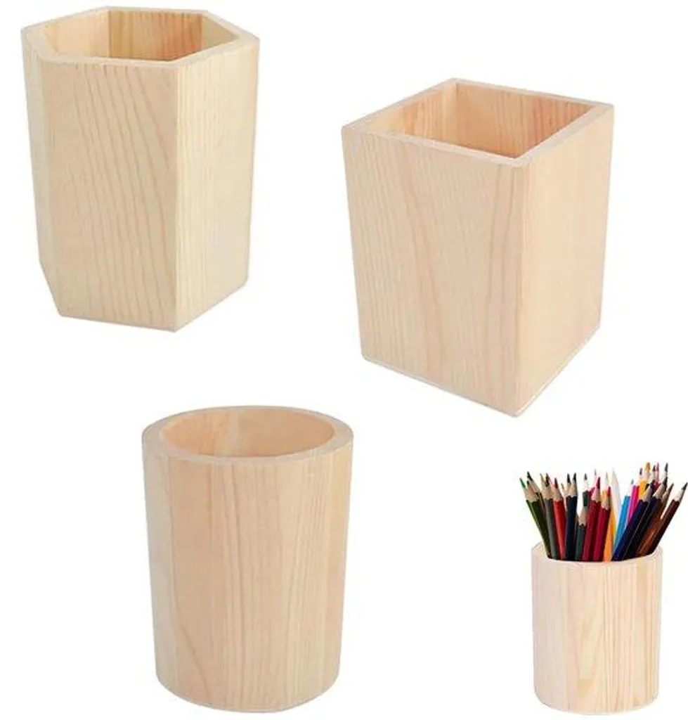 Porte-crayons en bois brut lot de 3 - Pots à crayons design scandinave