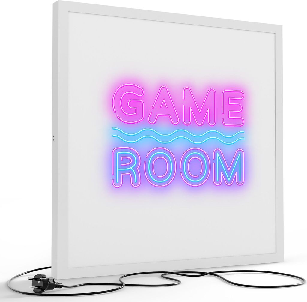 DEQORI LED-Bild & Lampe 60x60 cm Weiß 'Neon Game Room' Leuchtbild LED Wandbild Leuchte