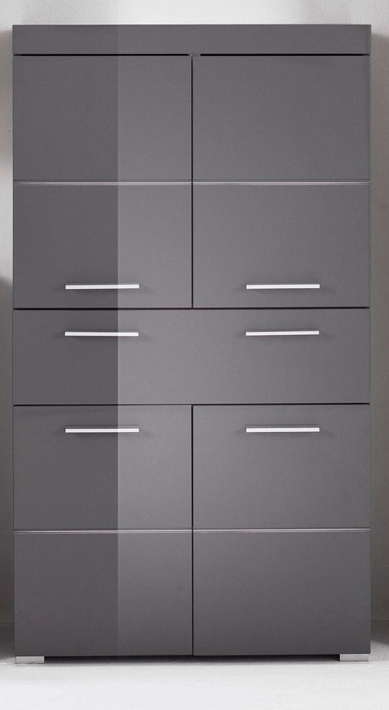 A gray storage cabinet with multiple drawers and doors.