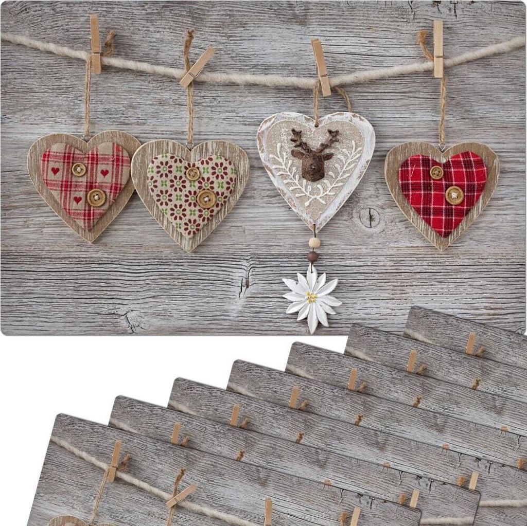 Abwaschbare Tischsets 8er Set Landhaus-Stil Herzen & Holz Produktbild 