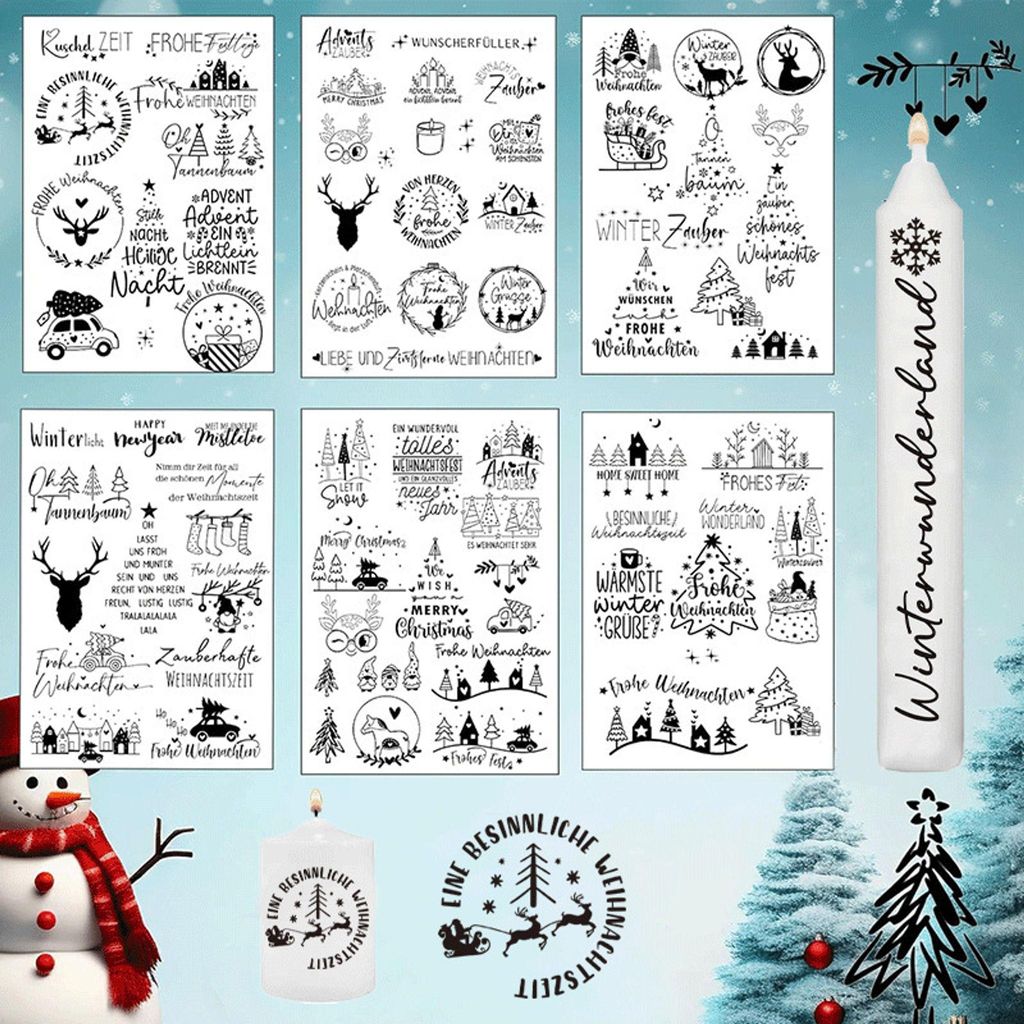 Weihnachtskerzen-Tattoos 6-teilig - Selbstklebende Glückssprüche-Sticker für Kerzen & festliche Weihnachtsdeko