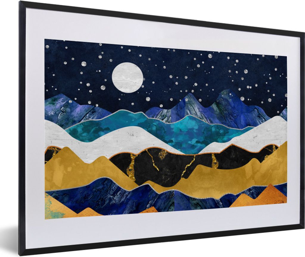 MuchoWow Gerahmtes Poster Nacht - Gold - Marmor - Abstrakt - Landschaft - Berg 60x40 cm - Poster mit Schwarzem Bilderrahmen Wandposter Rahmen Fot...