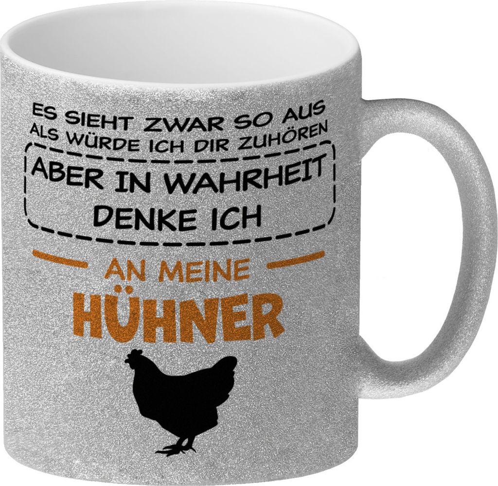 In Wahrheit denke ich an Hühner Glitzer-Kaffeebecher