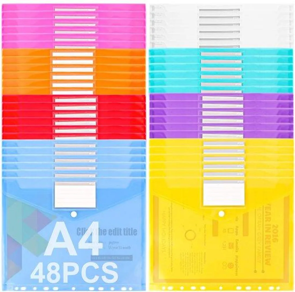 Pochettes A4 couleur avec fermeture à pince sécurisée, lot de 48 dossiers