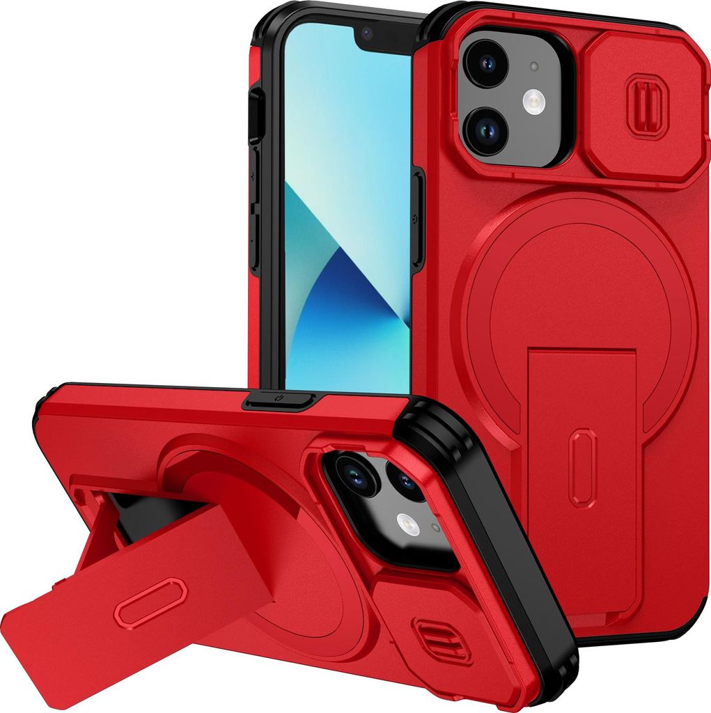 Magnetisch Hülle für iPhone 13 Mini/iPhone 12 Mini, Dual Layer Stoßfest Handyhülle mit Dia Kameraschutz, Verstellbarem Ständer Rot