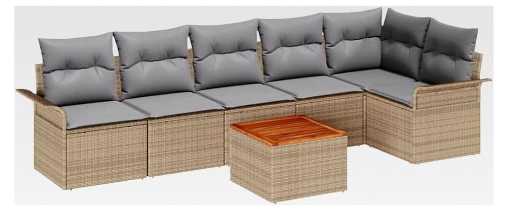 7-teiliges Garten-Sofa-Set mit Kissen Beige Poly Rattan Akazie Lounge Sofa Outdoor