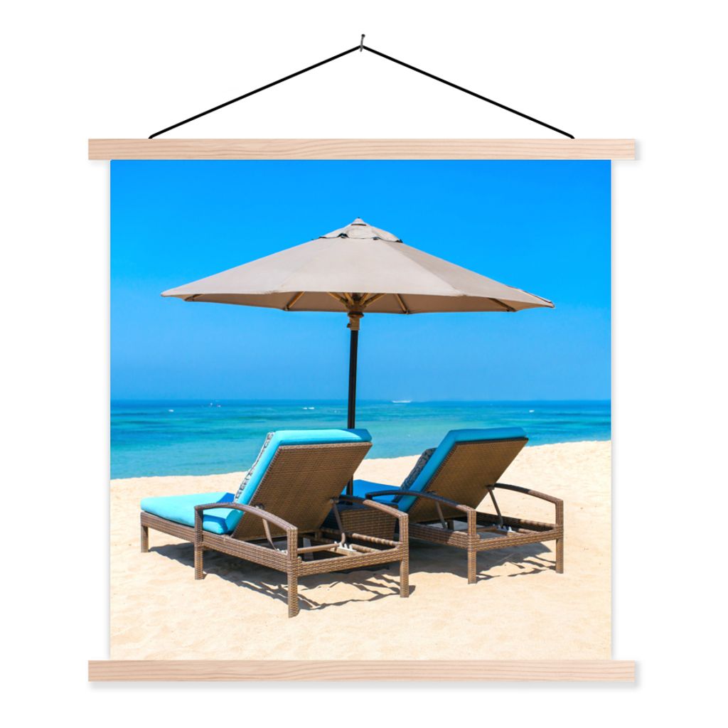 MuchoWow Textilposter Strandkorb - Sonnenschirm - Sommer - Meer 120x120 cm mit holzfarbenen Rahmen - Textil-Poster