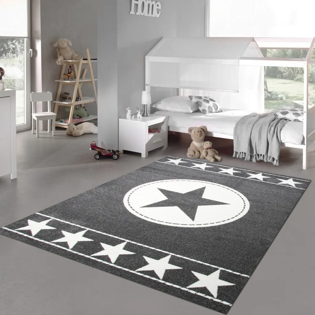Tapis pour enfants étoiles gris et crème - Grand format 200 x 290 cm