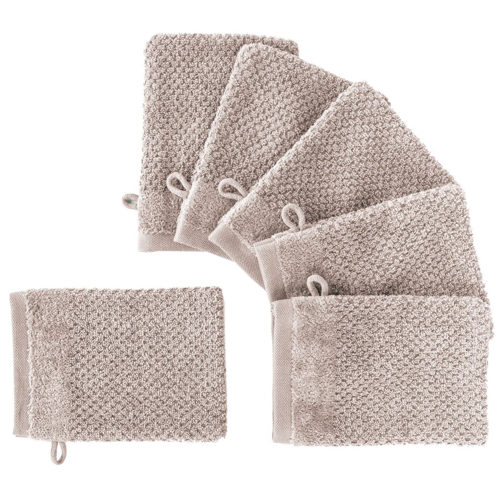 Pure Label 6-TLG Waschhandschuh Waschlappen Set mit Anhängeschlaufe aus 100% Baumwolle, saugstarkund weich | 6 Waschlappen 16x21cm, Stein - Taupe