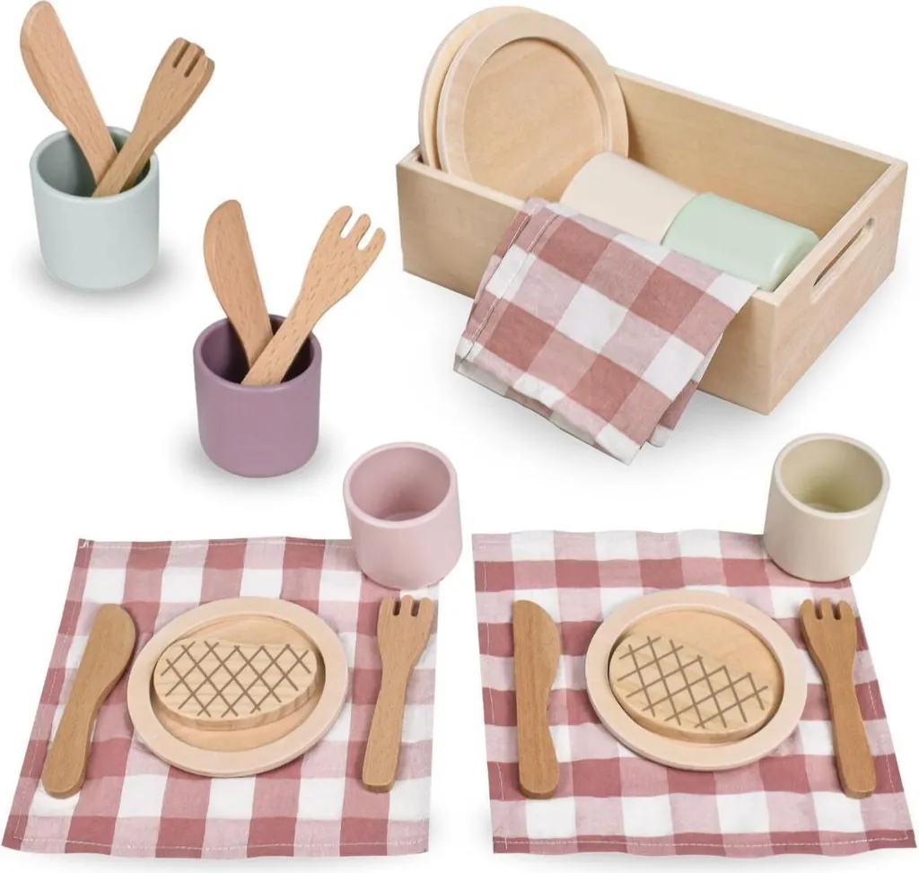 Set de pique-nique en bois pour jouer au jardin avec vaisselle complète