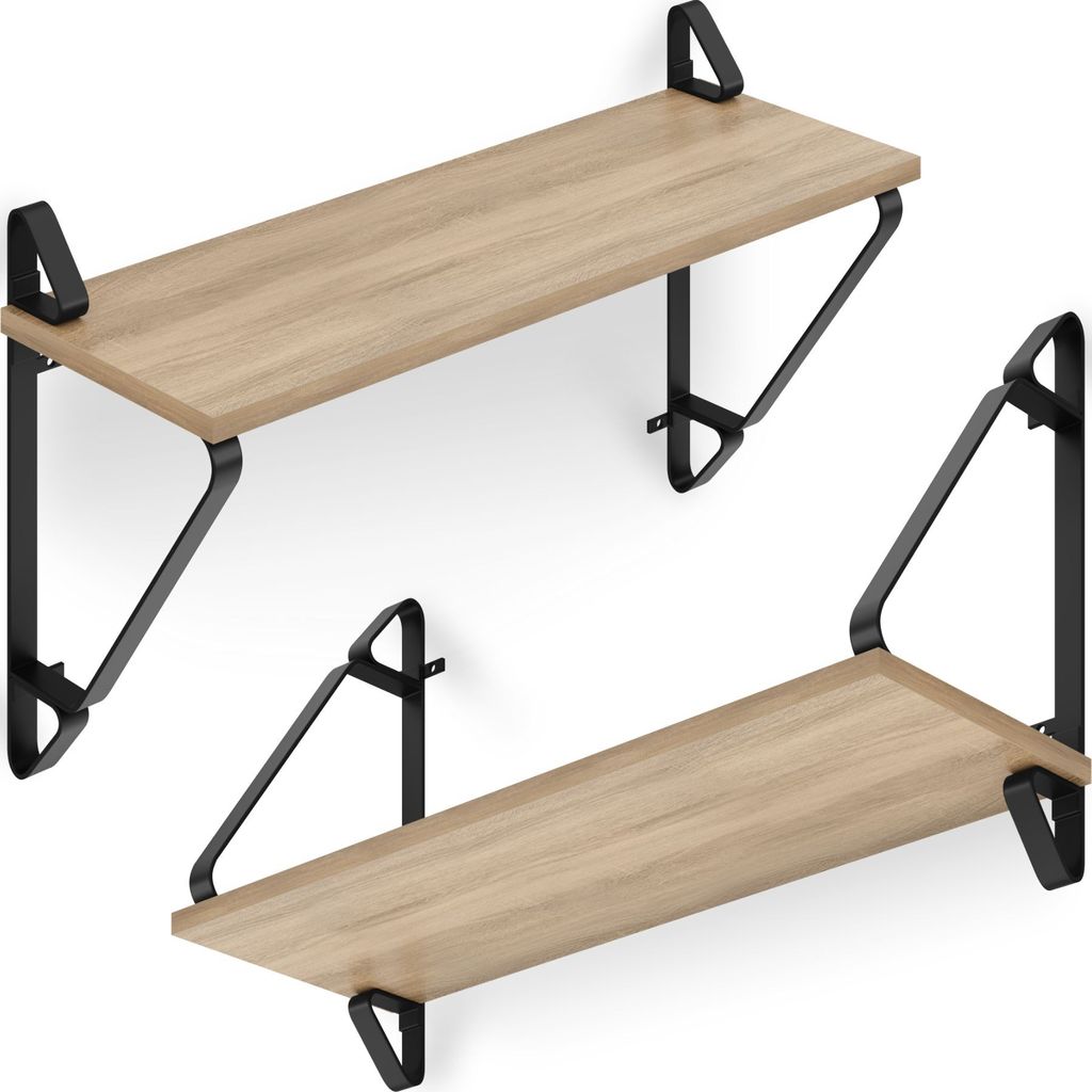 Two wooden shelves with black metal brackets are mounted on a white wall.