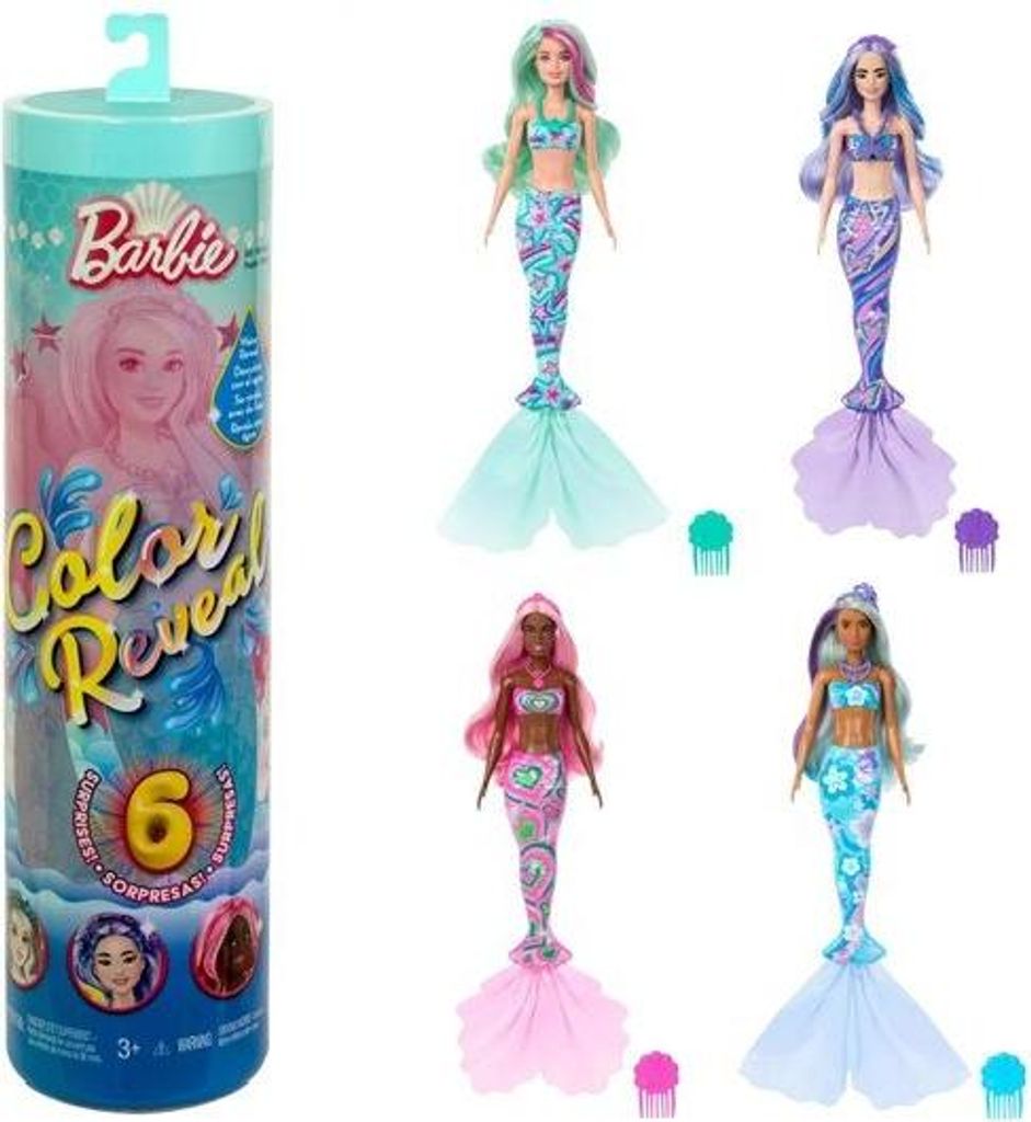 A collage of Barbie Color Reveal mermaid dolls and their packaging.