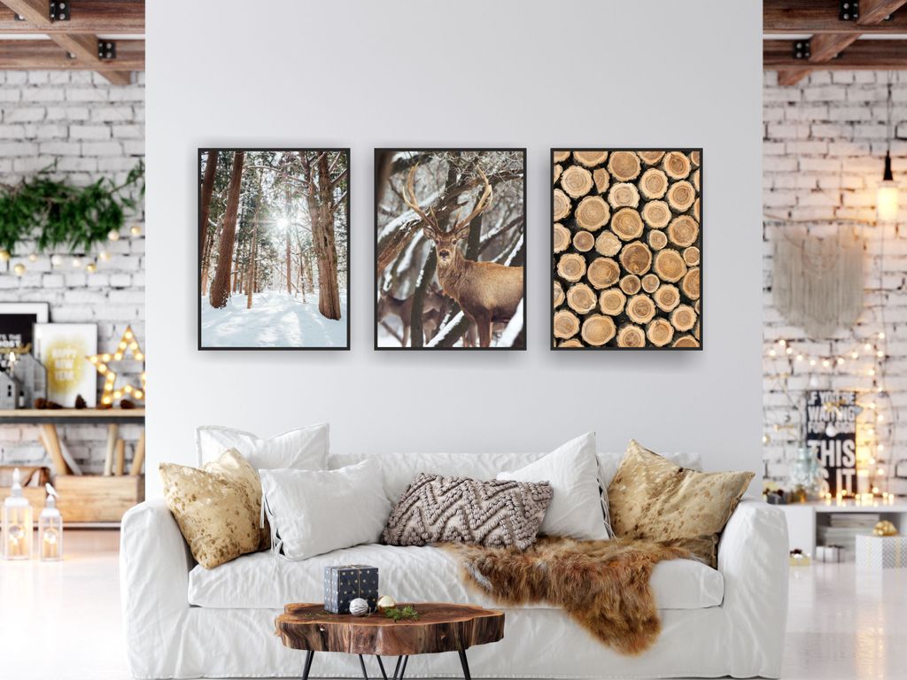 Poster für die Wohnzimmerwand Winterstimmung Wald Wald Hirsch 3x 50x70