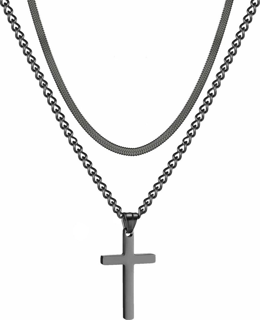 Herren Kreuzkette Edelstahl Schwarz Silber Gold Layered Produktbild 