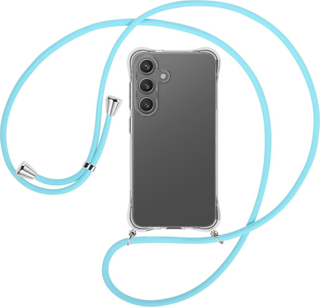 Handykette Backcover-Schutzhülle mit Band (Metall silberfarben) für Samsung S25 - himmelblau