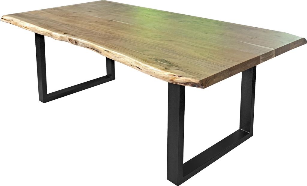 Esstisch 220 x 100 cm Cali, Baumkantentisch naturfarben, Akazienholz massiv, U-Gestell aus Metall Schwarz, aufgedoppelte Kanten 25+25 mm