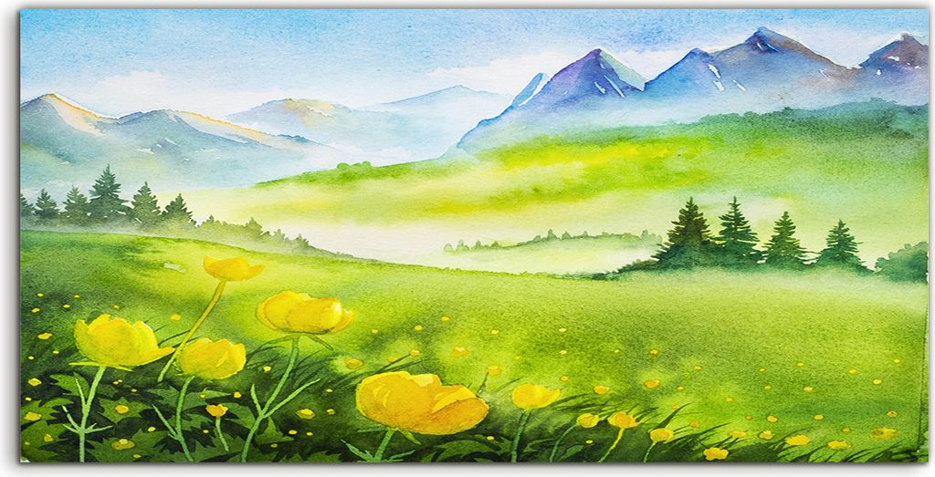 Coloray Spritzschutz aus Glas 100x50 Wandkunst Küchenrückwand Blume Bäume Wiesen Berge Landschafts