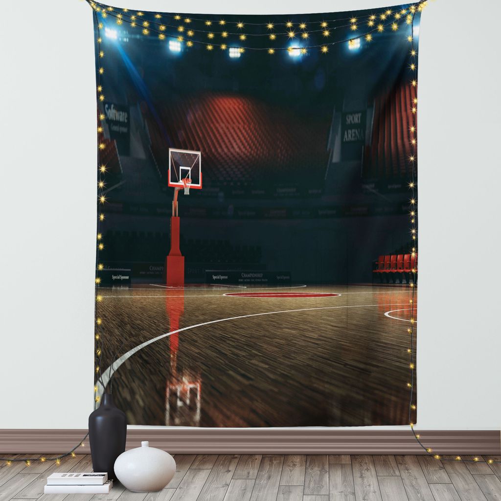 ABAKUHAUS Basketball Wandteppich, Bild Der Leeren Basketballplatz Sport Arena Mit Holzfußboden Druck, Wohnzimmer Schlafzimmer Seidiger Satin Wandt...