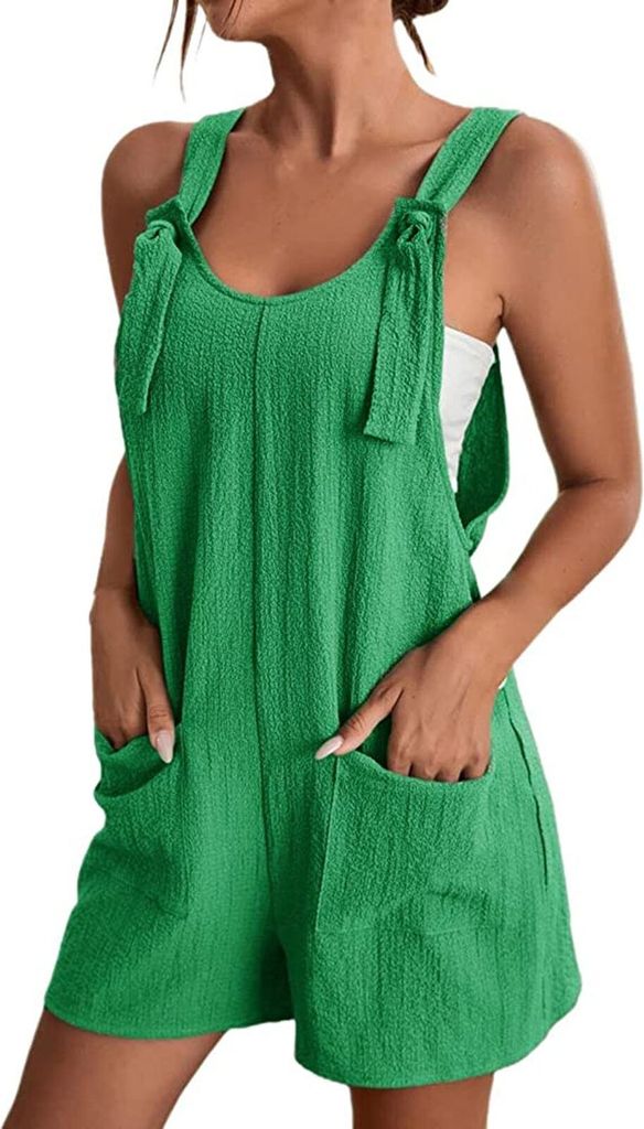 ASKSA Damen Jumpsuit Sommer Ärmellos Kurz Latzhose Playsuit Baggy mit Taschen Sommershort, Hellgrün, M