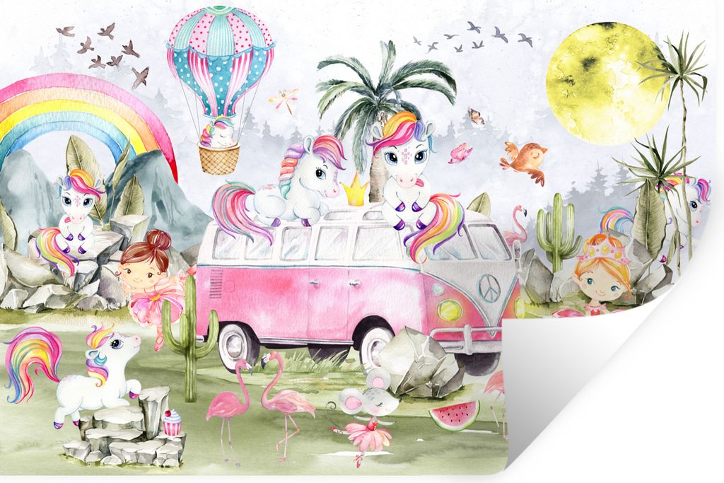 MuchoWow Wandtattoo Wandsticker Wandaufkleber Einhorn - Regenbogen - Kinder - Mädchen - Auto 120x80 cm Selbstklebend und Repositionierbar - Selb...