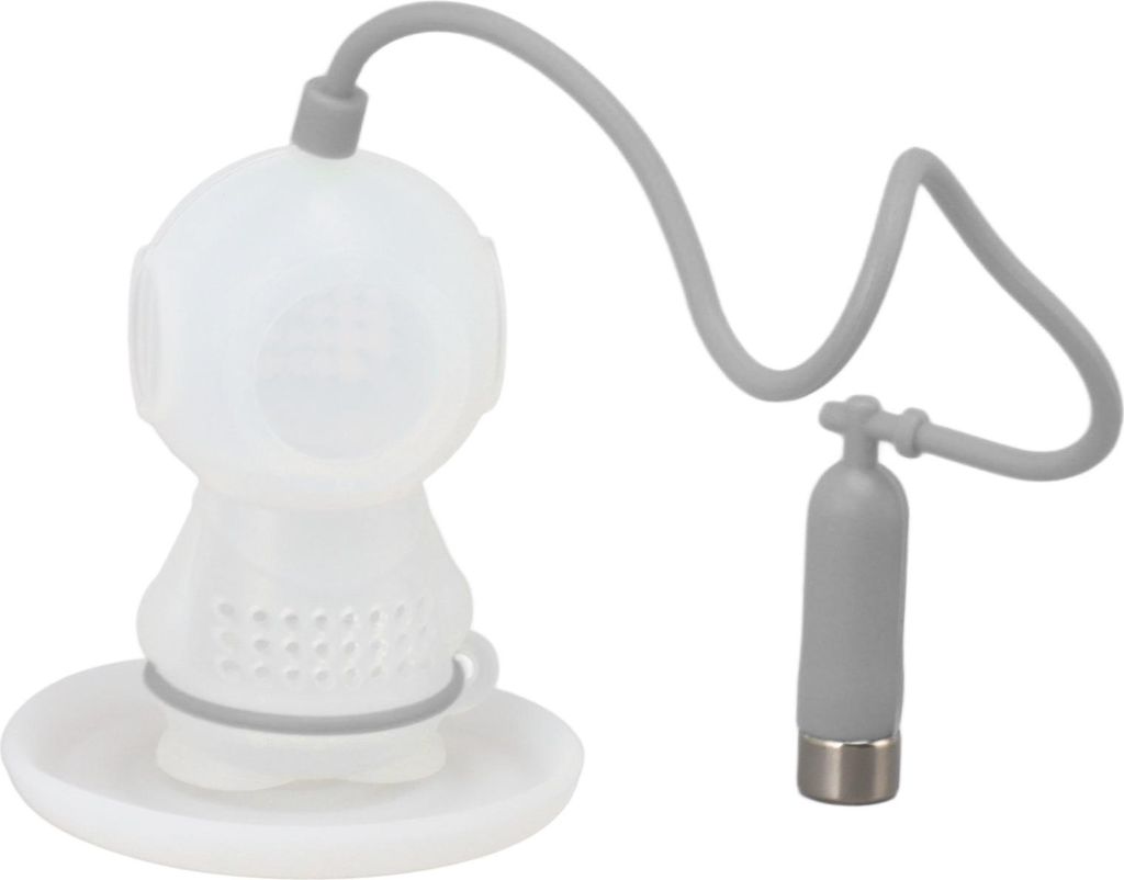 Tee-Ei aus Silikon, niedliche Taucherform, Filter für losen Tee, mit Kette und Abtropfschale für Zuhause, Grau