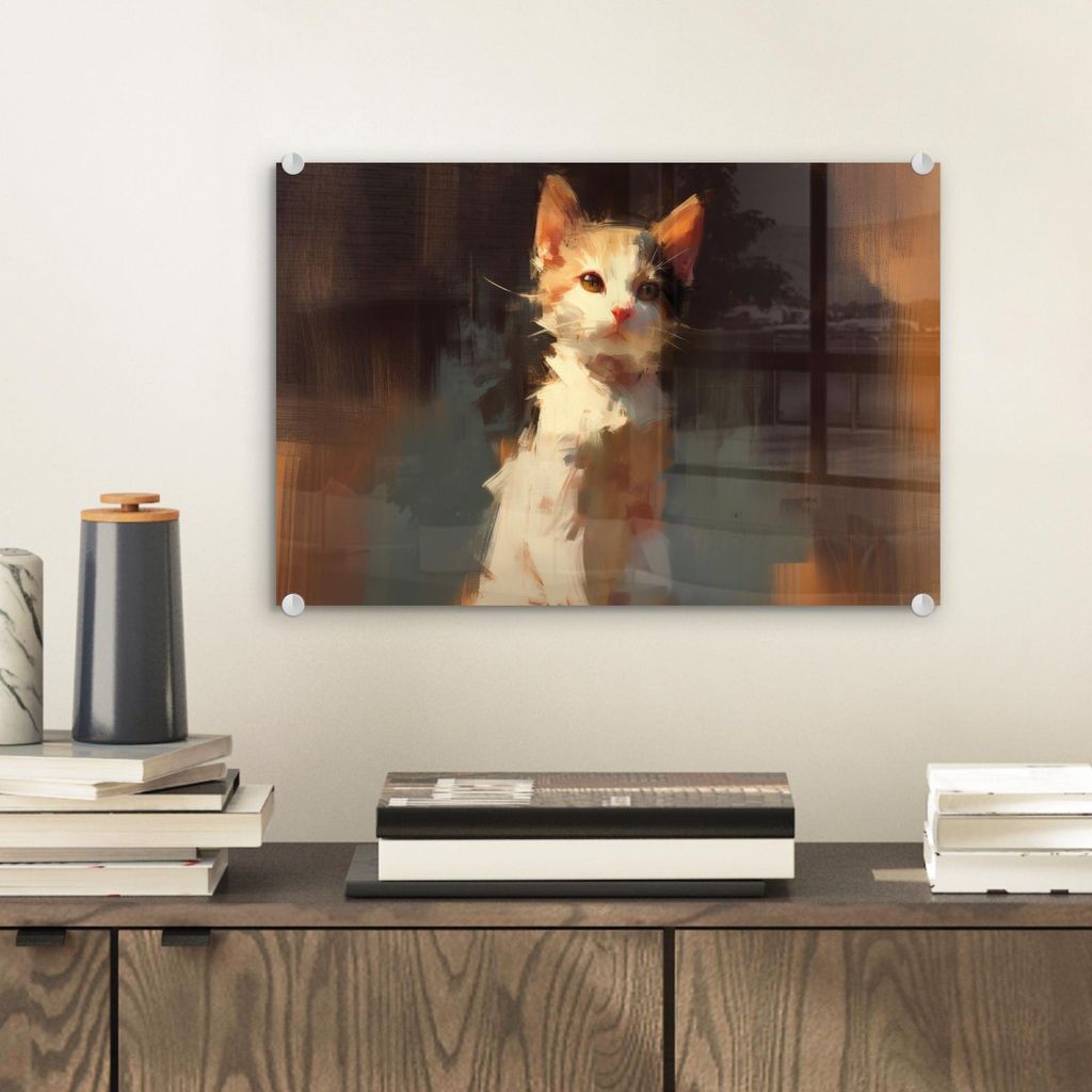 MuchoWow Glasbilder - Bilder auf Wandbild - Foto auf Glas Katze - Gemalt - Künstlerisch - Weiß 30x20 cm Wanddekoration aus Glas - Acrylglasbild -...