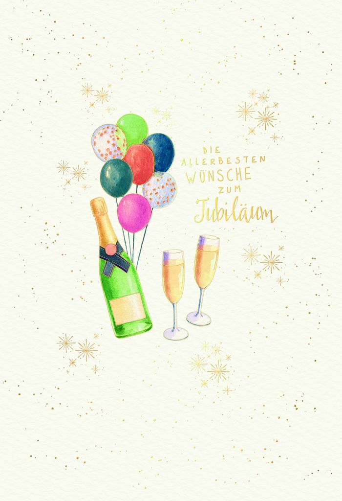 Jubiläum Skorpion's Art Karte mit Briefumschlag Sektgläser, Sektflasche, Luftballon
