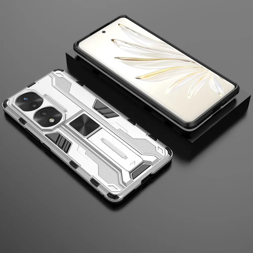Custodia per Honor 70 Pro a doppio strato in PC e TPU con paraurti e supporto Argento - 4
