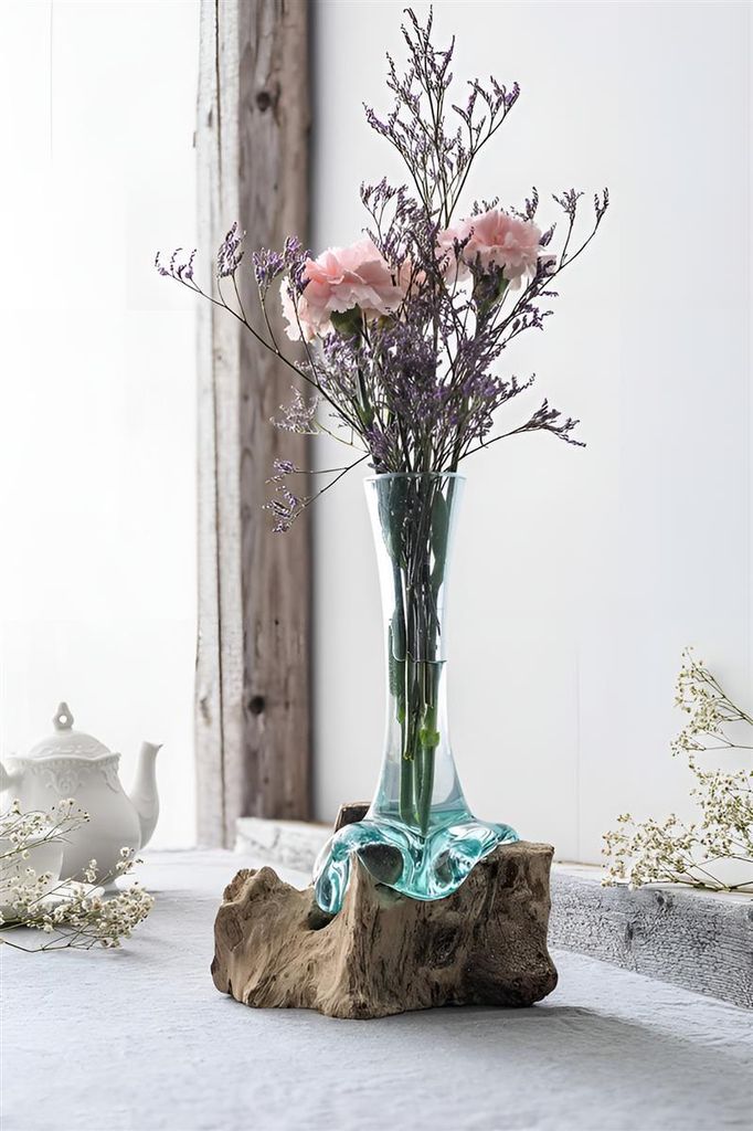 Vase "Wurzelholz" hoch, aus Holz & Glas, balinesische Produktbild 