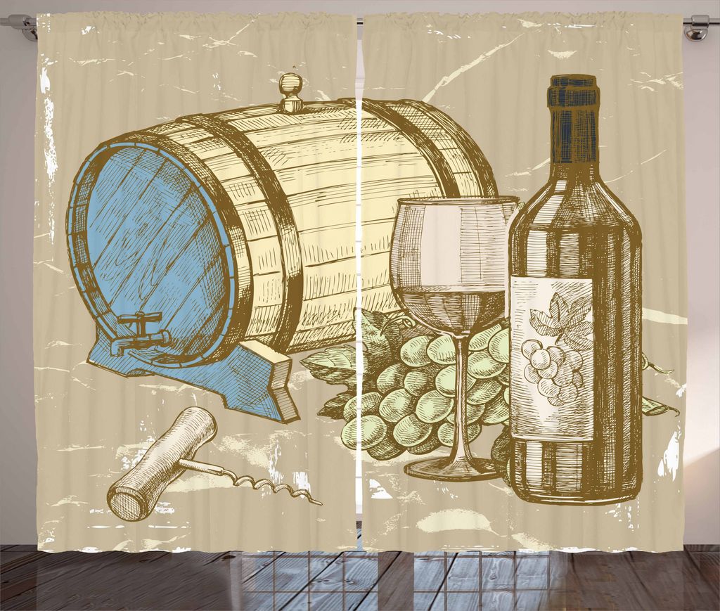 ABAKUHAUS Wein Rustikaler Gardine, Vintage Themed und Trauben, Schlafzimmer Kräuselband Vorhang mit Schlaufen und Haken, 280 x 175 cm, Mehrfarbig