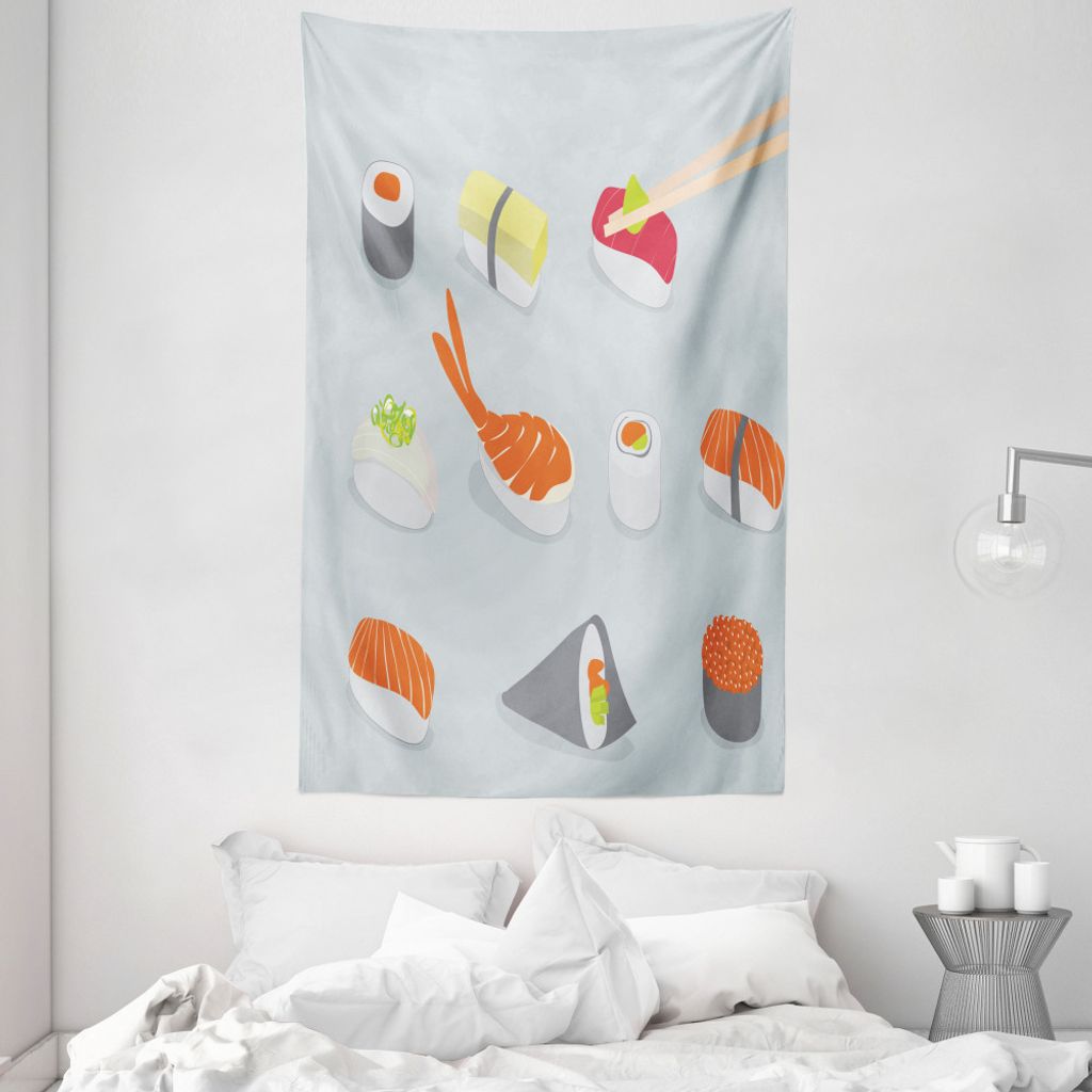 ABAKUHAUS Sushi Wandteppich und Tagesdecke, Sea Food Dish aus Weiches Mikrofaser Stoff Waschbar ohne Verblassen Digitaldruck, 140 x 230 cm, Mehrfarbig