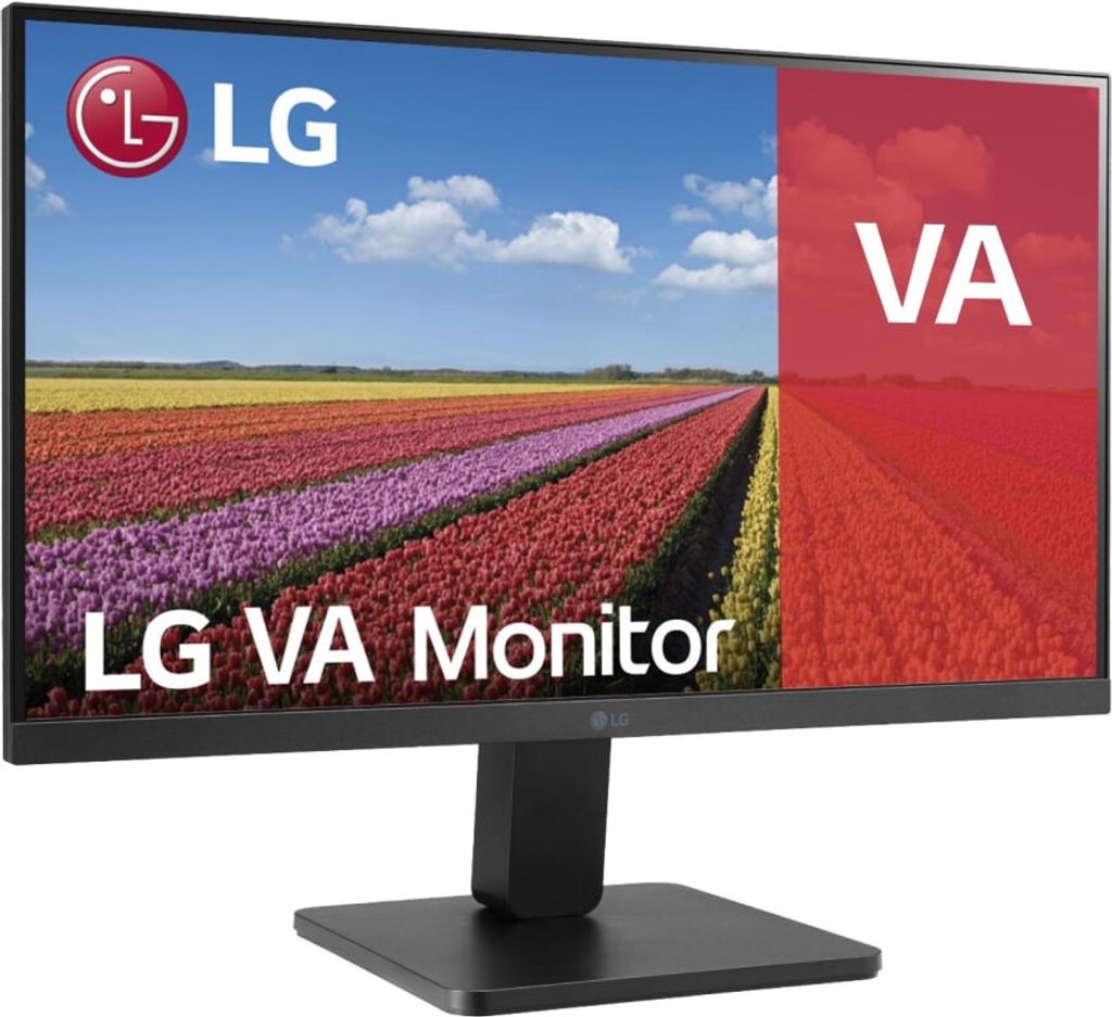 A computer monitor displaying a colorful field of flowers and text.