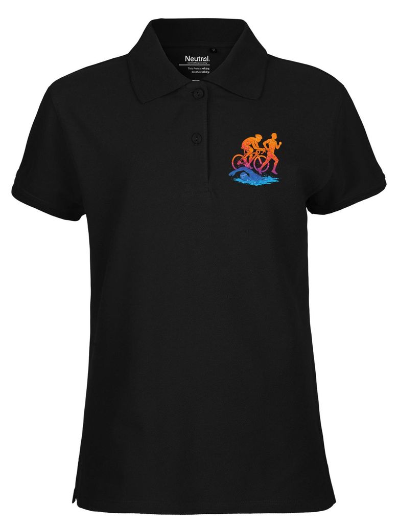 Huuraa Damen Polo Shirt Triathlon bunte Silhouette XL Black Bio Baumwolle Fairtrade Poloshirt Geschenkidee