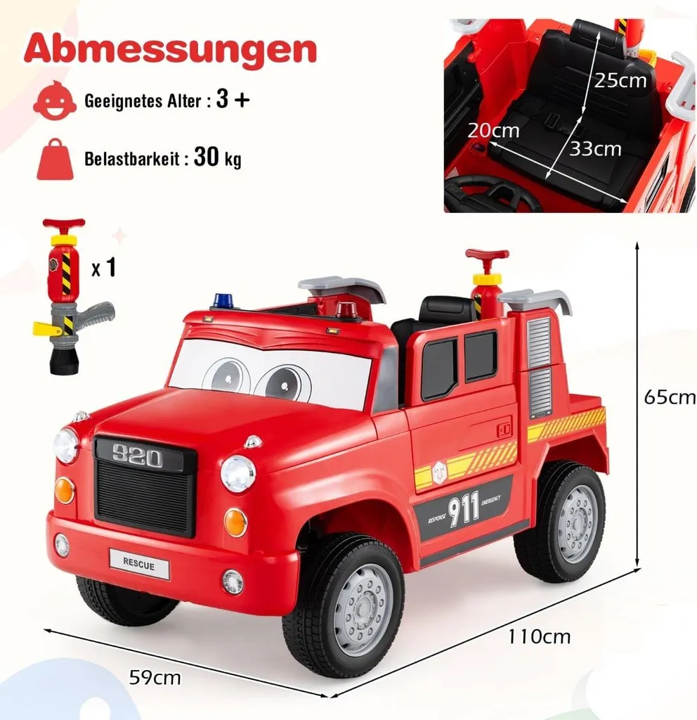 Camion de pompiers électrique 12V avec lance à eau et télécommande parent - 2