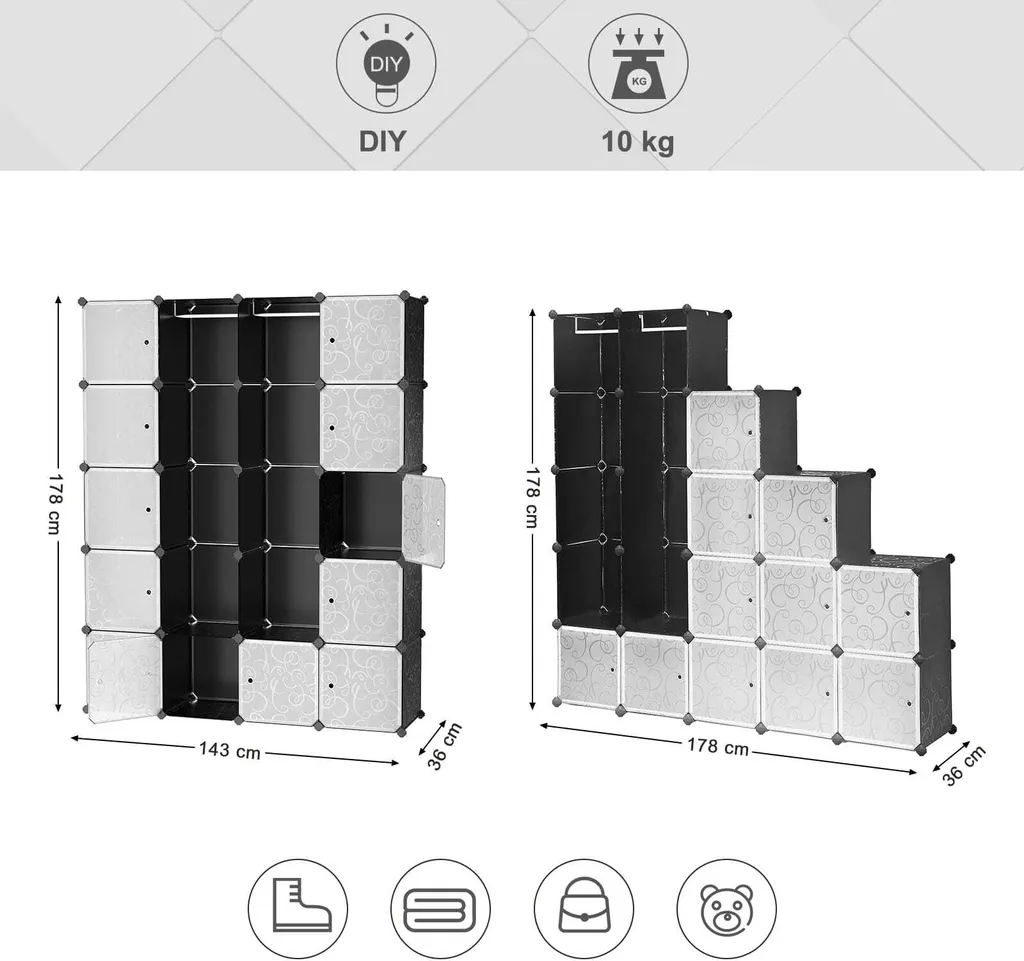 Dressing de Rangement Modulable Noir à Motifs avec Grande Capacité - 6