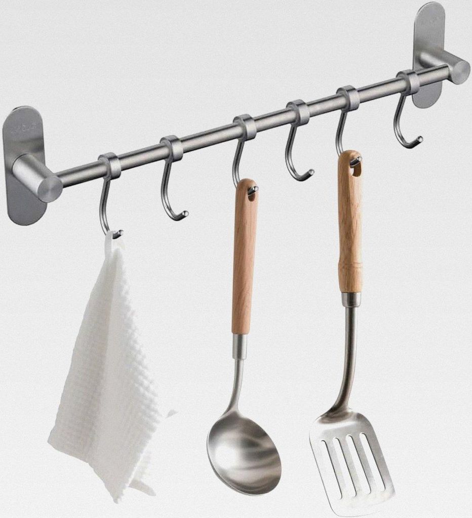Geschirr hängende Rack mit 6 abnehmbaren Haken keine Bohrung, Edelstahl Küche Schiene Pfanne Hanger Wandmontage Organizer für Werkzeuge, Handtü...