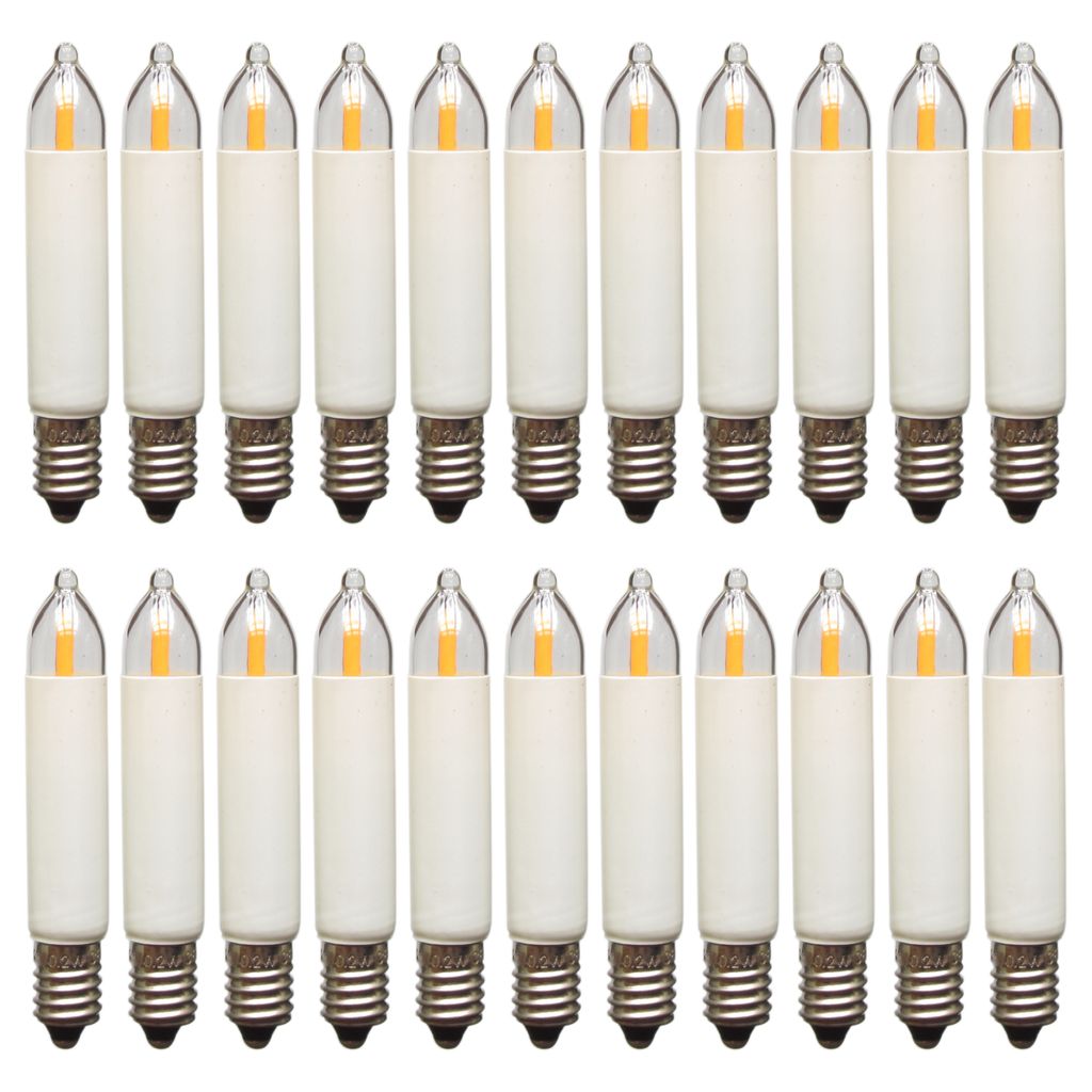 A collection of LED filament candle bulbs arranged in two rows against a white background.