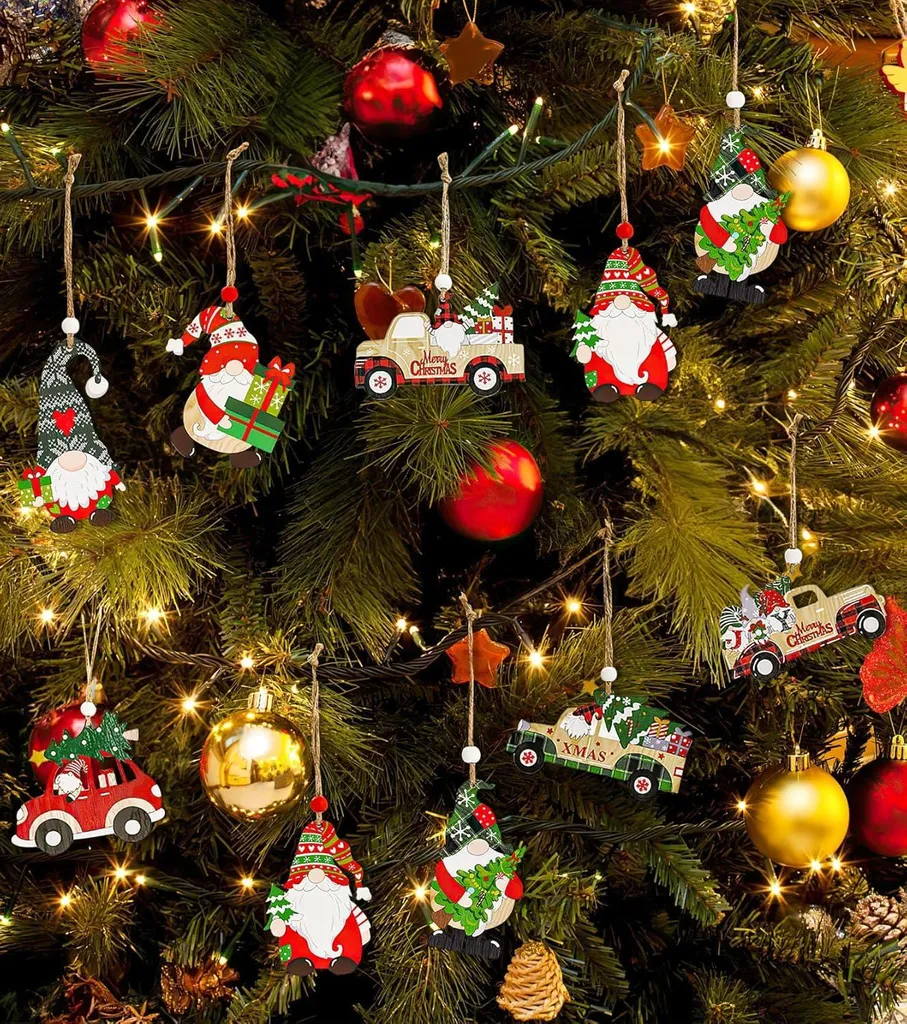 Lot de 24 Pendentifs de Noël en Bois Gnomes et Père Noël pour Sapin