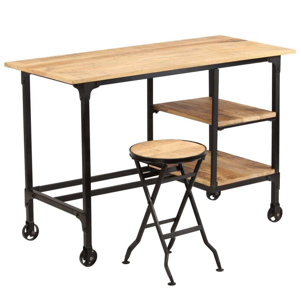 The Living Store Schreibtisch mit Klapphocker Mangoholz Massiv 115x50x76 cm