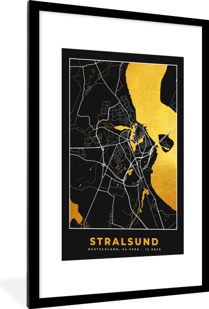 MuchoWow Gerahmtes Poster Stralsund - Gold - Karte - Stadtplan - Deutschland 60x90 cm - Poster mit Schwarzem Bilderrahmen Wandposter Rahmen Foto ...