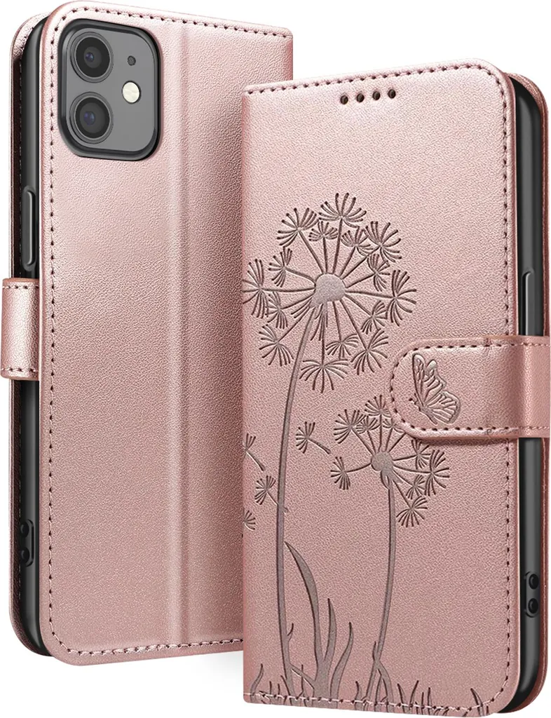 Zanaé, Custodia a portafoglio per iPhone 11 Premium Flowers Butterfly Soft Pattern, oro rosa