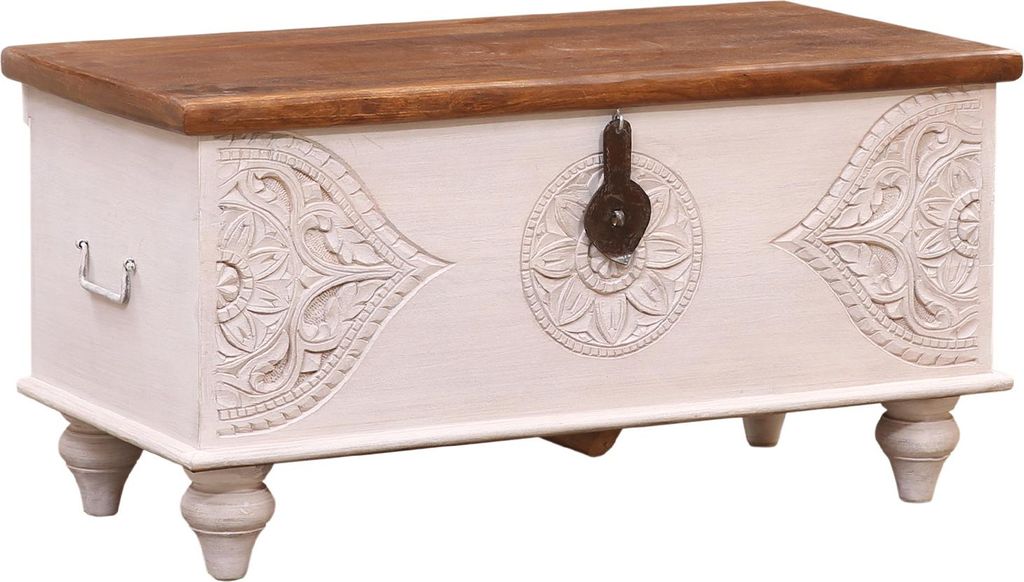 Marrakesch Boho Deko Sitzbank mit Stauraum aus Holz 88cm breit | Truhe Holzkiste mit Deckel Akdar als Schlafzimmer Wohnzimmer Möbel | Bank Schuhba...