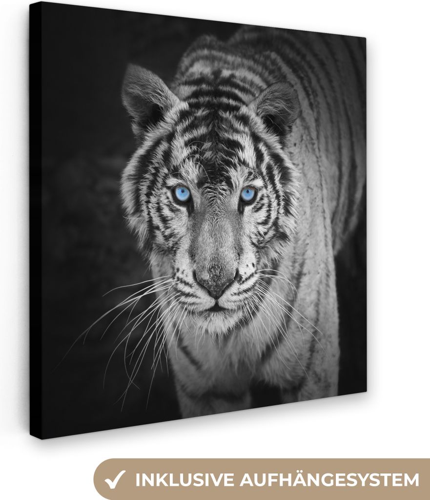 MuchoWow - Leinwandbilder - Tiere - Tiger - Schwarz und weiß - Augen - Blau, Wandbild, Wanddeko Bilder Wohnzimmer, 20x20 cm